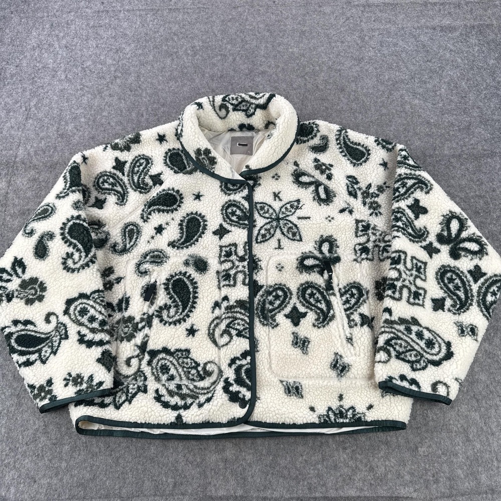Paisley Fleece Jacket Mens XL White Sherpa Lined Full Zip Bomber Bandana Print